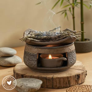 Handcrafted Ceramic Aroma Burner, Rustic Tea Leaf Oil Warmer, Brown Black Candle Diffuser
