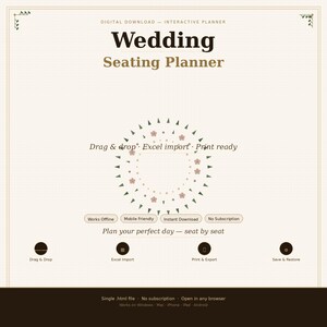Planificador interactivo de distribución de mesas para bodas / Arrastrar y soltar, importación a Excel (descarga digital) / No requiere conexión a internet
