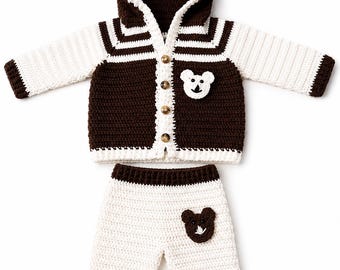 Conjunto de osito de ganchillo hecho a mano para bebé de 6 a 9 meses, cárdigan con capucha y pantalón, ropa para recién nacidos, regalo acogedor para bebé.