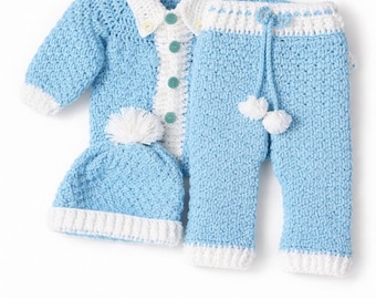 Handmade Crochet Baby Outfit Set, Blue White Newborn Boy Clothes, Yarn Cardigan Pants Hat