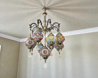 9-Globes Turkish Chandeliers, Moroccan Pendant Lights Fixtures Handmade Glass Hanging Ceiling Lights