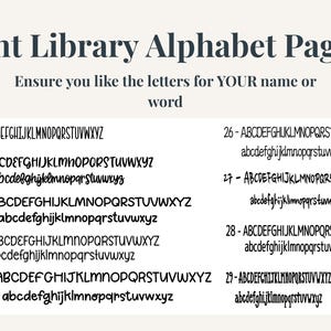 May include: A Font Library Alphabet Page 2 document displaying nine distinct black typeface styles labeled 21 through 29. Each entry includes uppercase letters, and most include lowercase letters, to help users select a font for a name or word.