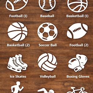 Puede incluir: Una superficie de madera muestra diseños recortados en blanco de varios equipos y actividades deportivas. La imagen incluye un balón de fútbol americano, béisbol, baloncesto, fútbol, patines de hielo, voleibol, guantes de boxeo, un corredor, un nadador y una bicicleta. El texto en la parte superior dice "CHOOSE YOUR DESIGN."