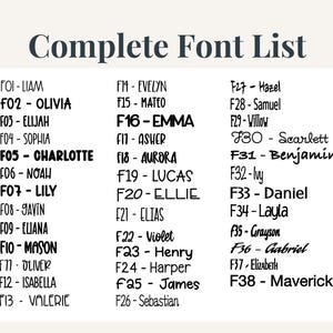 May include: A white chart titled Complete Font List displaying thirty-eight distinct black typography styles. Each font is labeled with a code from F01 to F38 and a corresponding name, such as Liam, Olivia, Elijah, Sophia, Charlotte, Lily, and Mason.