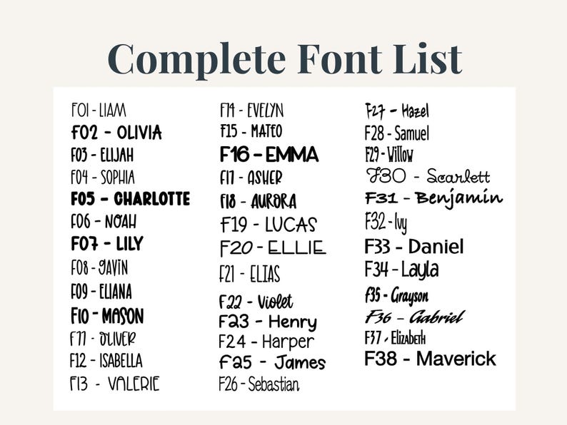 May include: A white chart titled Complete Font List displaying thirty-eight distinct black typography styles. Each font is labeled with a code from F01 to F38 and a corresponding name, such as Liam, Olivia, Elijah, Sophia, Charlotte, Lily, and Mason.