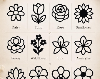 May include: A grid of 12 black line art flower icons labeled Daisy, Tulip, Rose, Sunflower, Peony, Wildflower, Lily, Amaryllis, Lotus Flower, Hibiscus, Orchid, and Himalayan Blue Poppy, with the text CHOOSE YOUR FLOWER and MADE TO ORDER.
