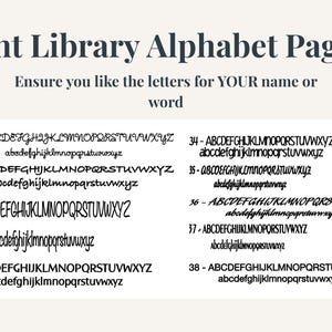 May include: A digital font library display titled Font Library Alphabet Page 3. It features numbered rows from 30 to 38, each showcasing a unique typeface with both uppercase and lowercase letters to help users select a style for names or words.