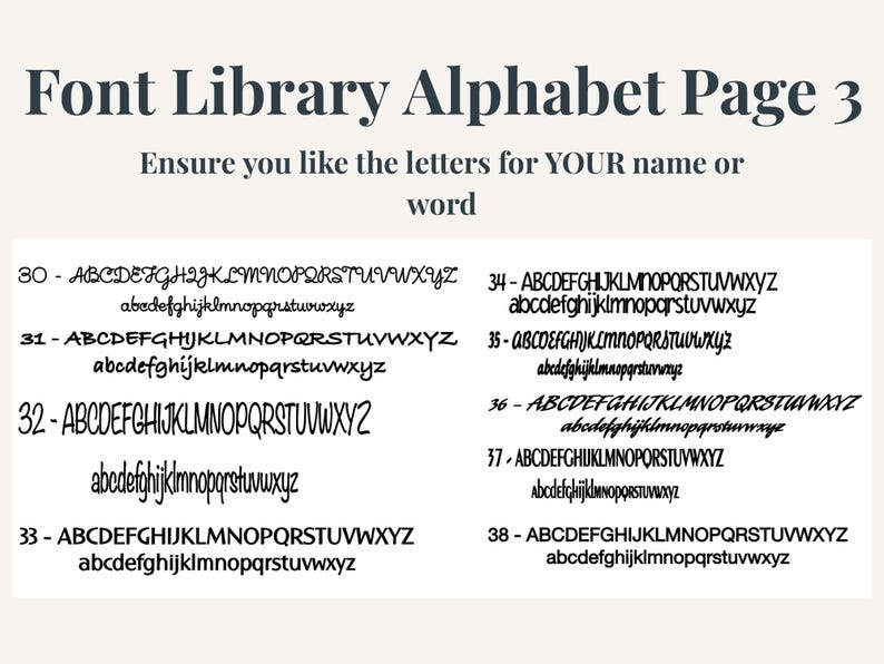 May include: A digital font library display titled Font Library Alphabet Page 3. It features numbered rows from 30 to 38, each showcasing a unique typeface with both uppercase and lowercase letters to help users select a style for names or words.