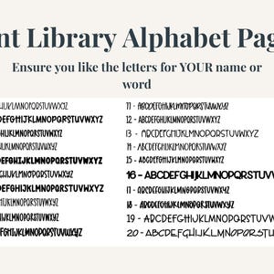 May include: A digital font library display page titled Font Library Alphabet Page 1. It features twenty distinct black alphabet styles numbered 1 through 20, presented in rows to help users select specific lettering for names or custom words.