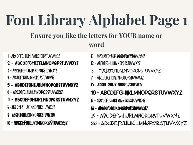 May include: A digital font library display page titled Font Library Alphabet Page 1. It features twenty distinct black alphabet styles numbered 1 through 20, presented in rows to help users select specific lettering for names or custom words.
