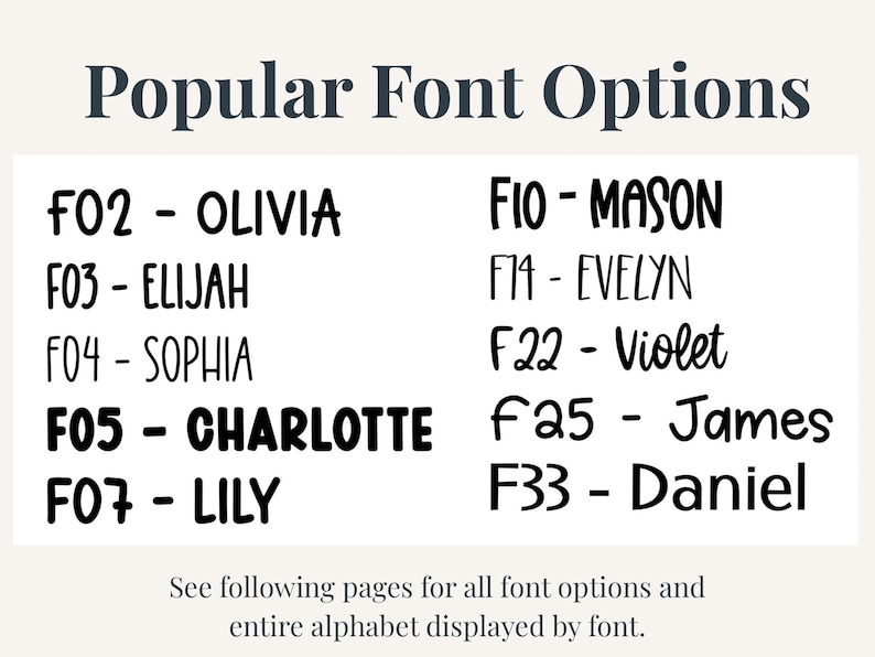 May include: A chart titled Popular Font Options displaying ten black text samples labeled F02 through F33, each paired with a name like Olivia, Elijah, Sophia, Charlotte, Lily, Mason, Evelyn, Violet, James, and Daniel in various typefaces.