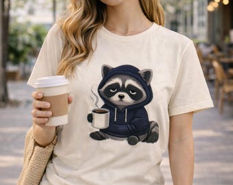 Sleepy Raccoon Coffee Shirt, Cute Animal Tee, Funny Morning Mood Shirt, Gift for Coffee Lovers