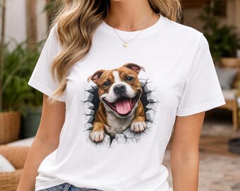 Smiling Pit Bull Peeking Through Shirt | Cute Pitbull 3D Tee | Funny Dog Breakthrough T-Shirt | Gift for Dog Lovers | Puppy Graphic Tee