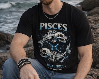 Pisces Skeleton Fish T-Shirt | Dual Soul Zodiac Tee | Gothic Astrology Shirt | Dark Aesthetic Graphic Tee | Unisex Streetwear