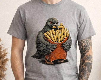 Greedy Pigeon Fries Shirt, Funny Bird Eating French Fries Tee, Urban City Humor T-Shirt, Food Lover Gift, Cute Animal Graphic Tee
