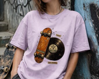 Skateboard Vinyl T-Shirt, Retro Music Tee, Skater Shirt, Vintage Streetwear Graphic Tee, Unisex Skate Tee, Gift for Skater