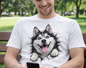 Funny Husky Peeking Through Shirt | 3D Dog Graphic Tee | Cute Siberian Husky T-Shirt | Gift for Dog Lovers | Viral Pet Shirt