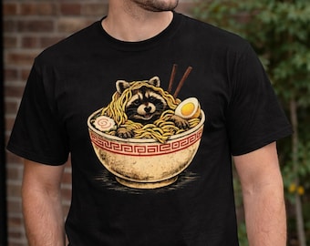 Sleepy Raccoon Ramen Shirt, Cute Kawaii Trash Panda Tee, Funny Food Lover Gift, Cozy Noodle Lover T-Shirt, Anime Style Graphic Tee