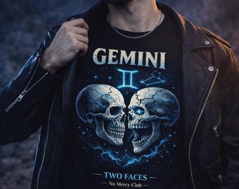 Gemini Skull T-Shirt, Zodiac Twins Shirt, Dark Astrology Tee, Gothic Gemini Shirt, Horoscope Gift