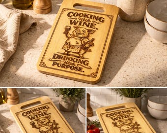 Funny Engraved Bamboo Cutting Board, Cooking With Wine Laser Engraved Board, Bamboo Kitchen Gift for Wine Lovers