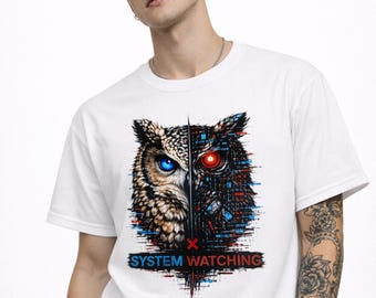 Cybernetic Owl T-Shirt, Split Design Tech Graphic Tee, Cyberpunk Streetwear