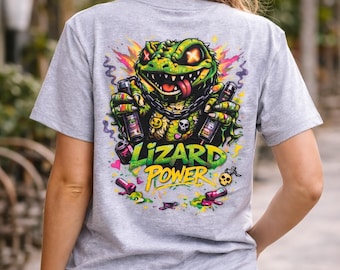 Lizard Power T-Shirt, Graphic Tee, Streetwear Shirt, Neon Reptile Design, Unisex Punk, Skate Style