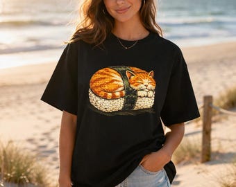Sleeping Cat Sushi T-Shirt, Kawaii Cat Nigiri Tee, Cute Funny Cat Shirt, Sushi Lover Gift