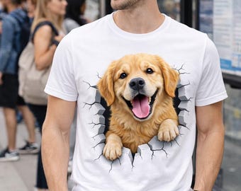 Golden Retriever Peeking Through Shirt | Funny Dog 3D Tee | Cute Puppy Breakthrough T-Shirt | Gift for Dog Lovers | Pet Lover Graphic Tee