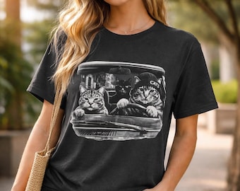 Funny Cats Driving Car Shirt, Cat Lover Gift, Retro Cat Tee, Black White Cat Graphic, Cute Cat Shirt, Cat Mom Gift
