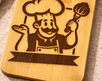 Engraved Bamboo Cutting Board with Chef Design, Personalized Kitchen Gift, Laser Engraved Bamboo Board