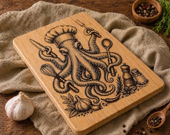 Engraved Octopus Cutting Board, Bamboo Kitchen Board, Chef Gift, Unique Kitchen Decor, Personalized Wooden Board 33x22 cm