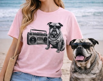 Funny Bulldog Shirt with Boombox, Retro Dog T-Shirt, Cool Dog Graphic Tee, Gift for Dog Lovers