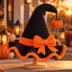 Puede incluir: Un sombrero de bruja de ganchillo negro con una banda naranja ancha y un gran lazo naranja en la parte delantera. El ala tiene un borde naranja y una pequeña calabaza de ganchillo naranja con una hoja verde cuelga de la punta.