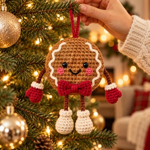 May include: A round, brown crocheted gingerbread person ornament featuring a white scalloped edge, a red bow tie, red mittens, and white boots. The figure has black eyes, a stitched smile, and pink cheeks, suspended by a red yarn loop.