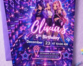 Invitación de cumpleaños de chica anime / Invitación de fiesta color morado neón (Descarga digital)