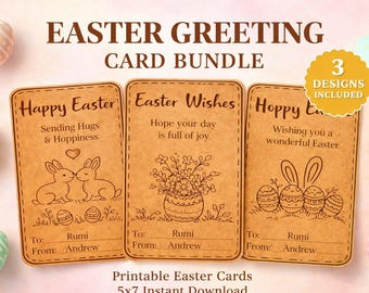Paquete de tarjetas de Pascua imprimibles / Diseños de conejitos y huevos (Descarga instantánea de 5x7)