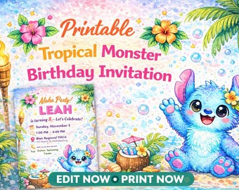 Invitación de cumpleaños con temática de monstruos tropicales / Fiesta Aloha, invitación infantil editable (descarga digital de 5x7 pulgadas)