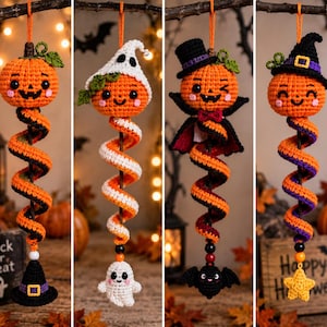 May include: Four hanging crochet ornaments featuring orange pumpkin heads with smiling faces. The first has a witch hat, the second a ghost hood, the third a vampire cape and top hat, and the fourth a witch hat. Each has a spiral tail and charm.