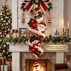 May include: A crocheted holiday swag featuring a large red and cream bow, a reindeer, a Santa Claus figure, a snowman, red poinsettias, candy canes, and ornaments. A plaque reads Handcrafted Crocheted Festive Swag - Artisanal Holiday Decor.