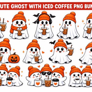 May include: A digital illustration bundle featuring white ghosts wearing orange knit beanies, holding iced coffee cups. Some ghosts are paired with orange jack-o'-lanterns, bats, or hearts. The text CUTE GHOST WITH ICED COFFEE PNG BUNDLE is at the top.