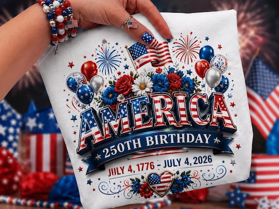 USA 250 Years PNG, 4th of July 2026 Digital Download, America 1776-2026 Patriotic T-Shirt Design, America Floral Birthday Sublimation Design