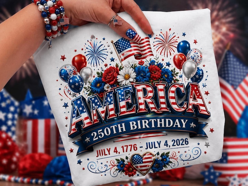 May include: White t-shirt with a patriotic design celebrating America's 250th birthday. The design features the word "AMERICA" in red, white, and blue, along with balloons, flowers, and the dates July 4, 1776 - July 4, 2026.