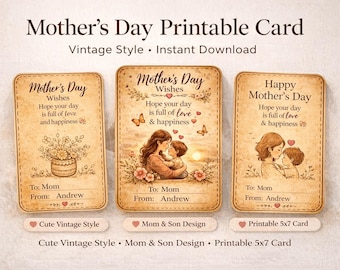 Paquete de tarjetas vintage para el Día de la Madre / Ilustración de madre e hijo (Descarga digital)