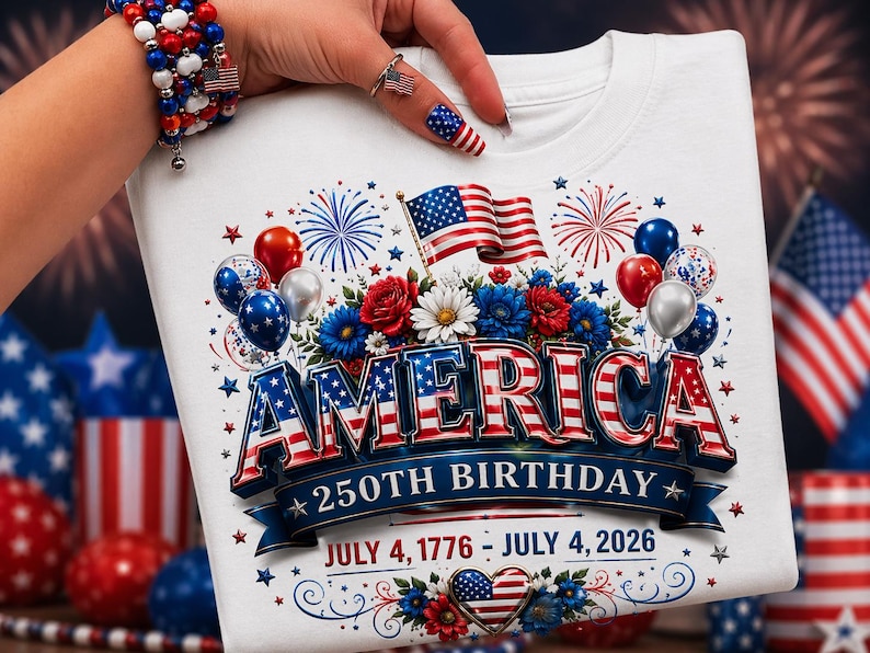May include: White t-shirt with a patriotic design celebrating America's 250th birthday. The graphic features the word "AMERICA" in red, white, and blue, along with an American flag, flowers, balloons, and the dates July 4, 1776 - July 4, 2026.