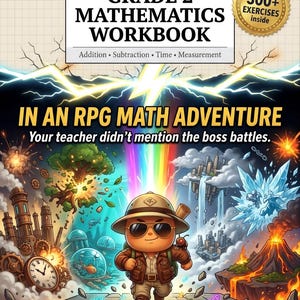 May include: A Grade 2 Mathematics Workbook with the title "IN AN RPG MATH ADVENTURE". The cover features a cartoon adventurer with a colorful fantasy landscape, a rainbow, and the text "Save 8 worlds. Learn real math."