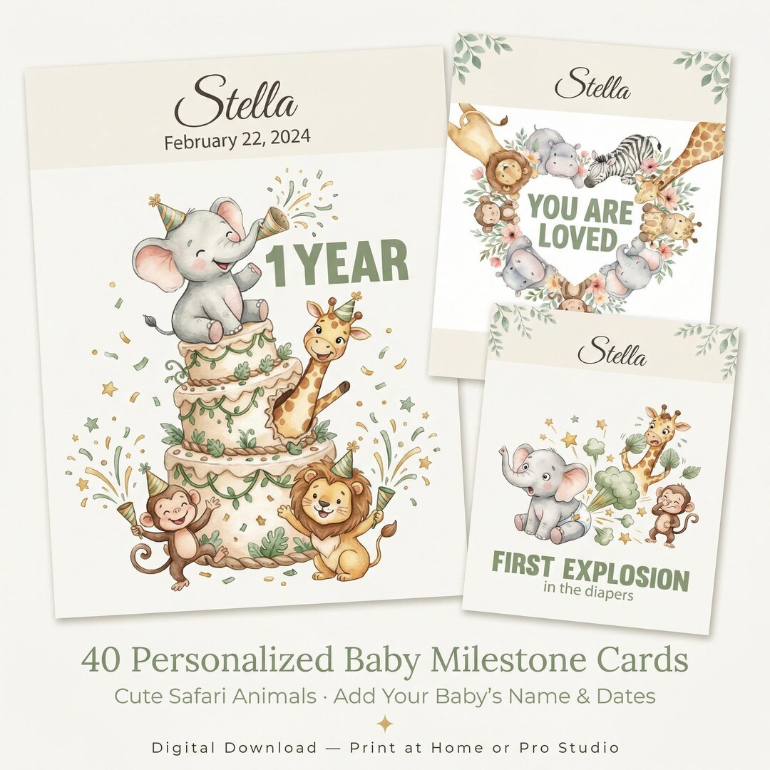 Personalized 40 MILESTONE CARDS Set - Printable - Cute Animals, Baby ...