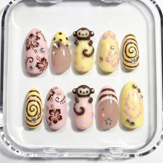 Y2K Retro Tropical Press On Nails: 3D Monkey and Brown Hibiscus Flower | Vacation Nails