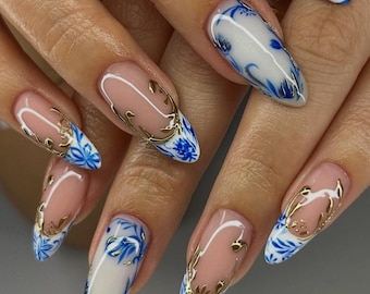 Chinoiserie Blue Porcelain Floral Press-On Nails, Gold Foil Elegant Nail Art