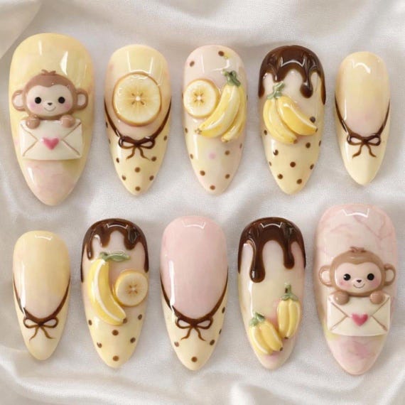 Handmade Kawaii Monkey Banana Press On Nails, Cartoon 3D Nail Art Set
