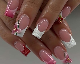 Hand Painted Floral French Press On Nails: 3D Acrylic Square Nails